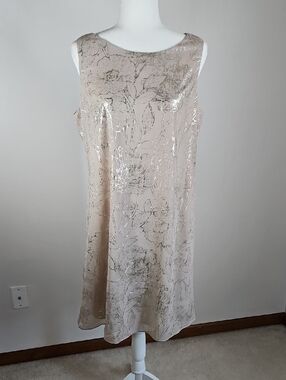 Shimmery Shift Dress SZ12 Lined Beige Mettalic Thread Floral Wedding Guest Event
